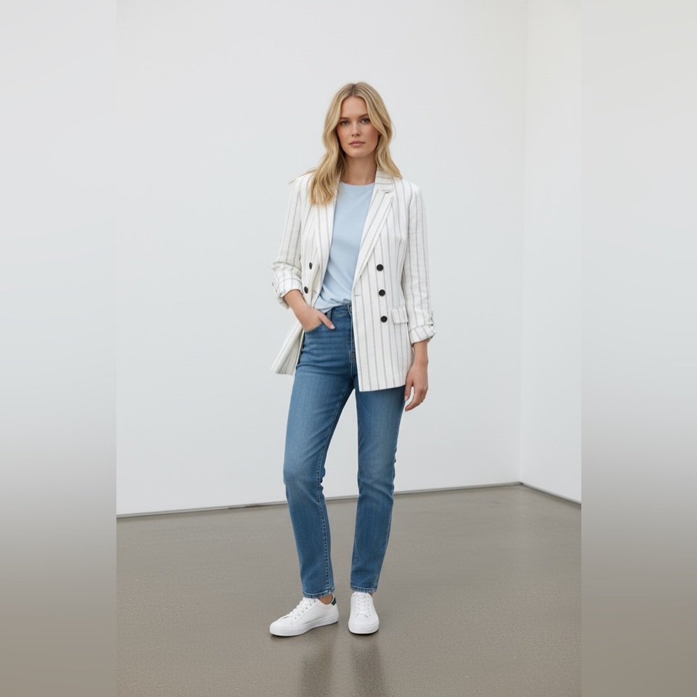 J.Jill Linen Stretch Double‎ Breasted Blazer Pink Stripe XS